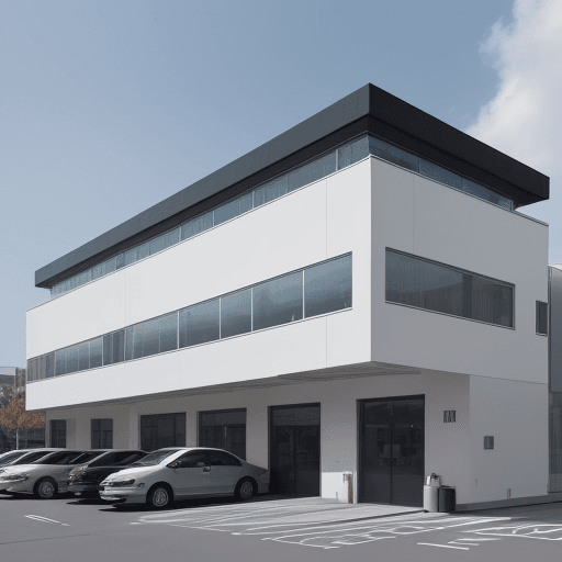 AI generated: Three-story, small, corporate building, minimalist modern architecture, with "Urbi" written on the f...