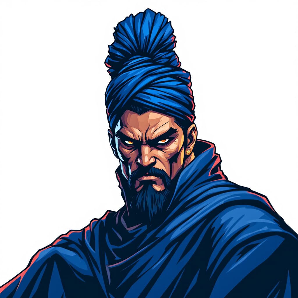 AI generated: "A bold and striking illustration of Mahesa Jenar, depicted as a fierce Javanese warrior with a blue...
