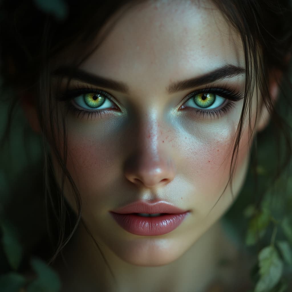AI generated: a woman with green eyes, in the style of realism with fantasy elements, daz3d, fine art realism, mag...