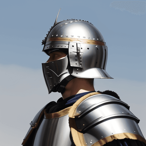 AI generated: Extreme low angle photo of a Roman legionary wearing his helmet and armor, he is awaiting for the st...