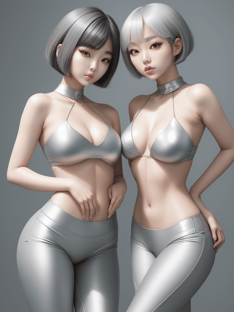 AI generated: (1girl), Beautiful Korean woman, K-pop idol, (Cute Loose Bob hairstyle), (wearing a slim-up silver l...