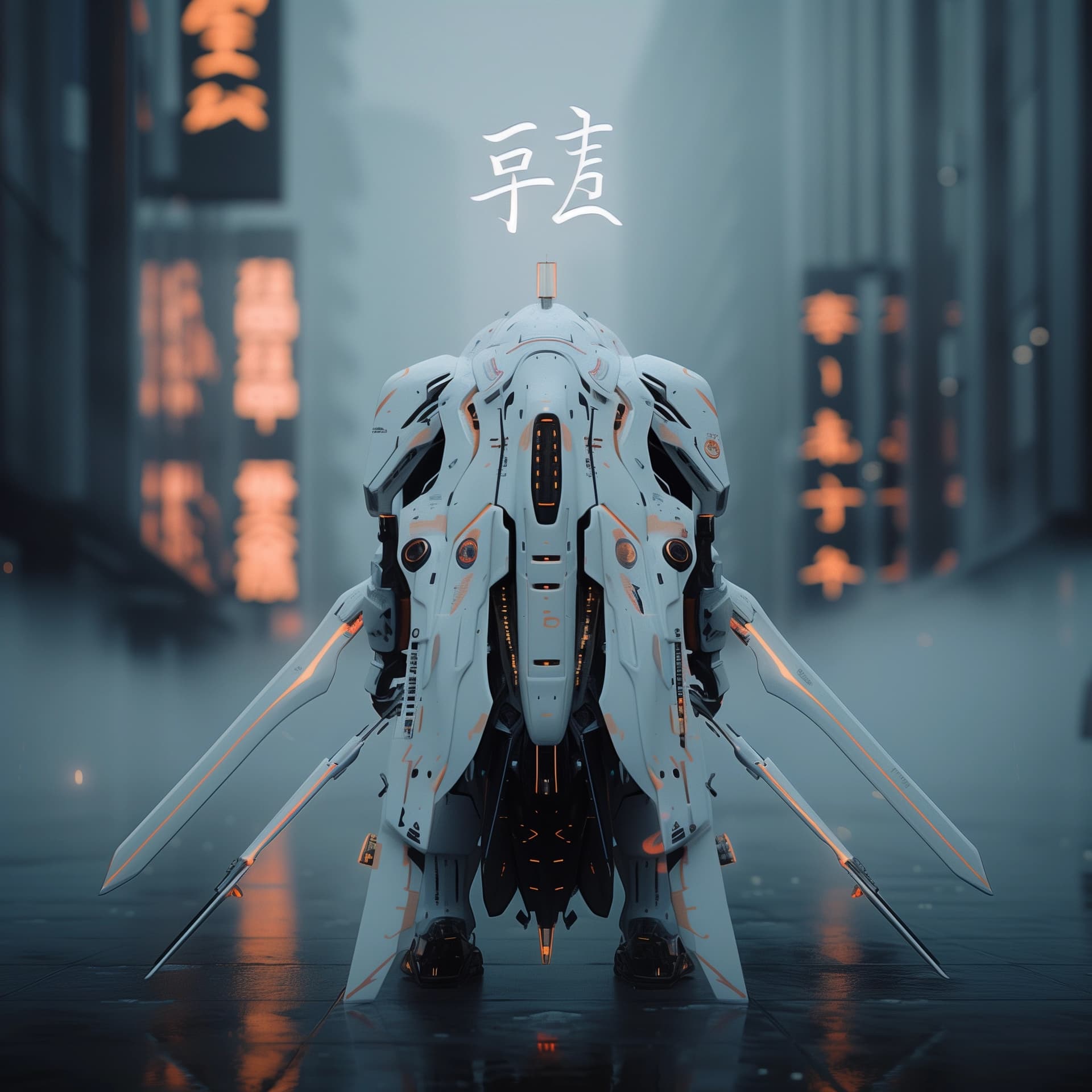 AI generated: Gundam style anime mech, white and red color scheme with orange accents, high-tech design, long swor...