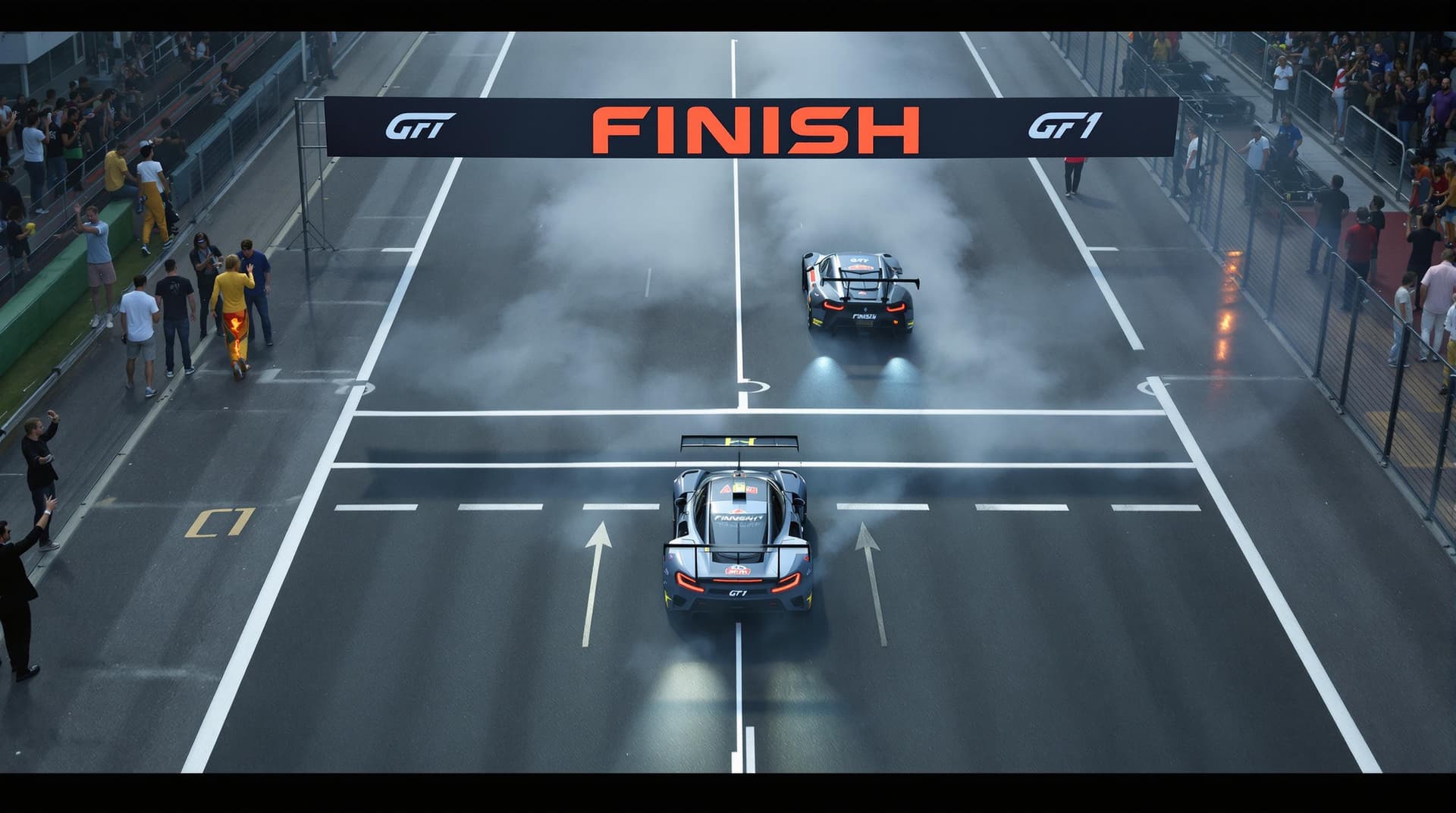 AI generated: The wide track.  Tension is increasing. FINISH banner over the wide track and the word FINISH on the...