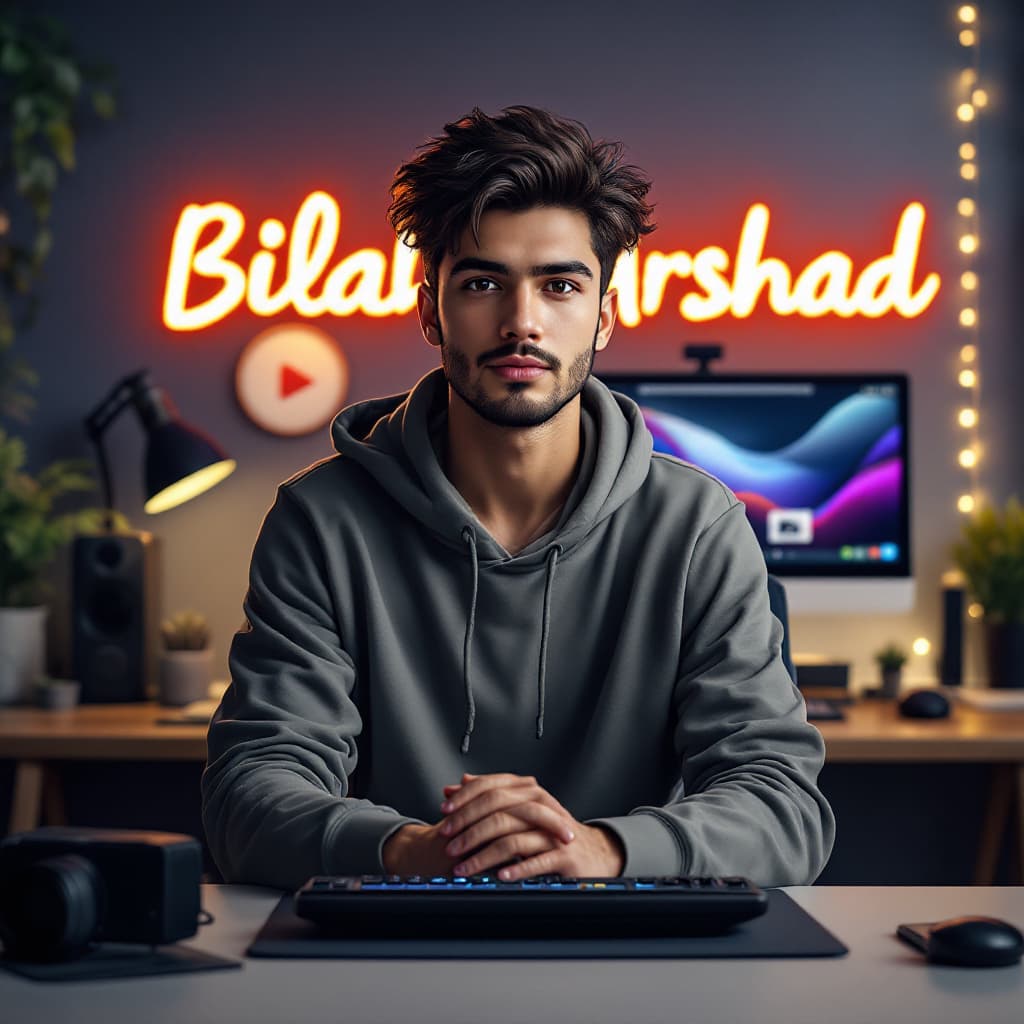 AI generated: Create an anime-style young man facing in front. He is a YouTube content creator sitting at a modern...