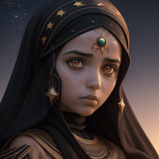 AI generated: Photo of a ultra amazing logo like, a libyan girl with dark night hair with stars in it, wearing lib...