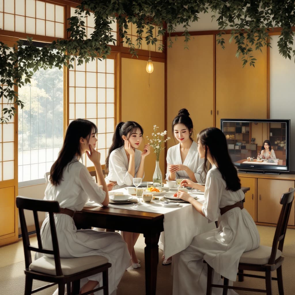 AI generated: a  japanese house, four beautiful girls sitting at the dinner table, realistic faces, realistic hand...