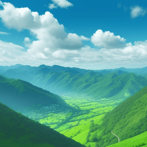 AI generated: beautiful scenery, green mountains, blue sky, white clouds, 