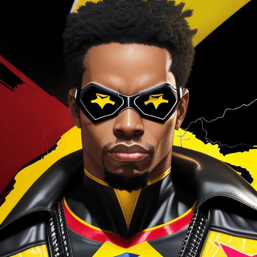 AI generated: portrait of black super-hero dressed in the colors of the vibrant flag of st.kitts and nevis yellow,...
