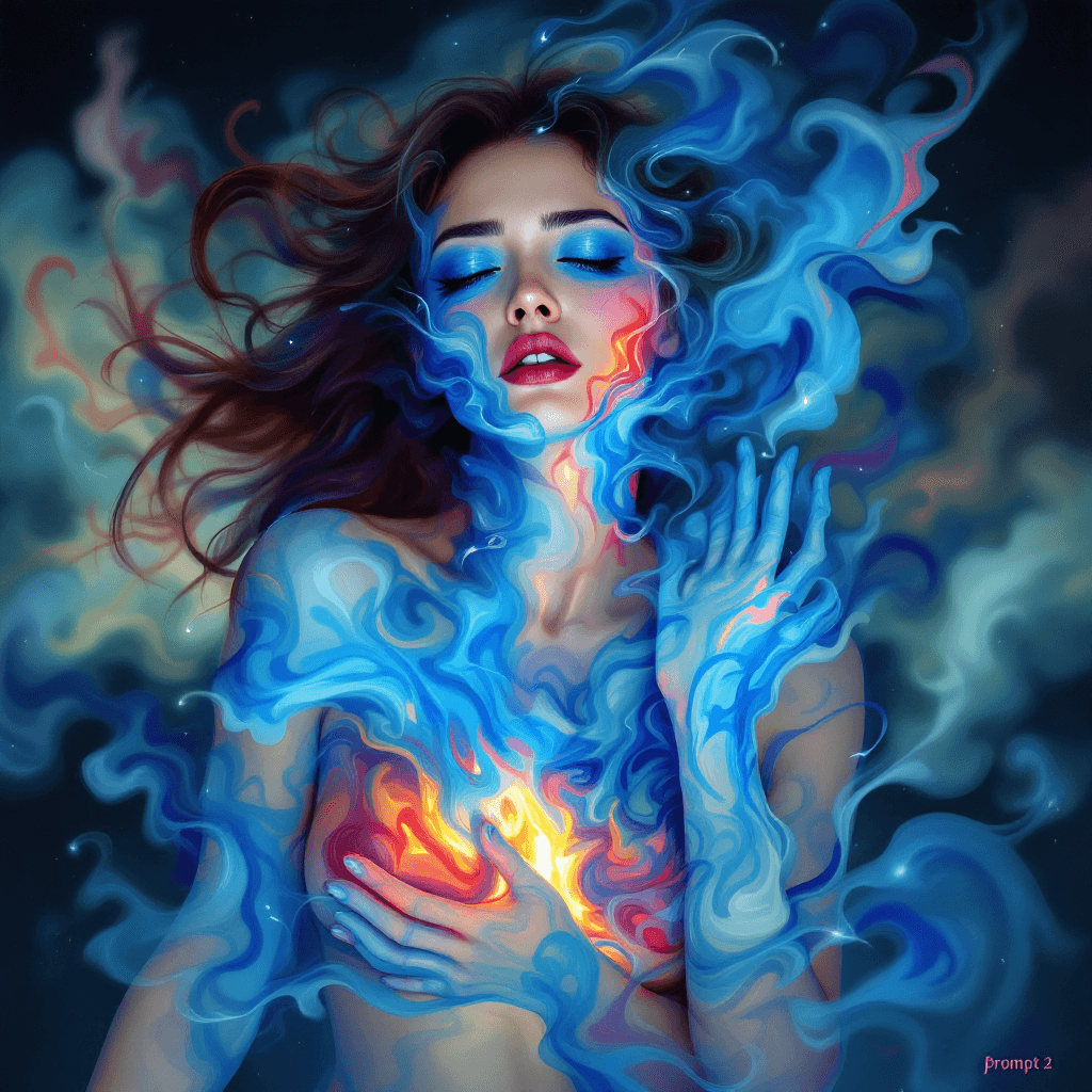 AI generated: Prompt 2: "A surreal scene where a woman's body is composed of flowing, abstract elements that repre...