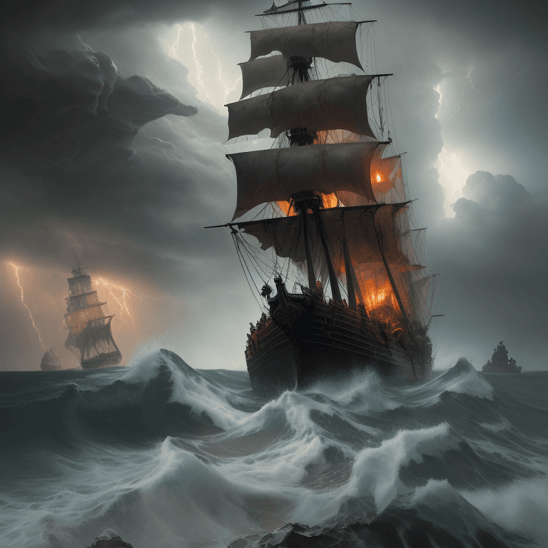 AI generated: oil painting with heavy impasto of a pirate ship after a sea battle, turbulent sea, thunderstorm, ra...