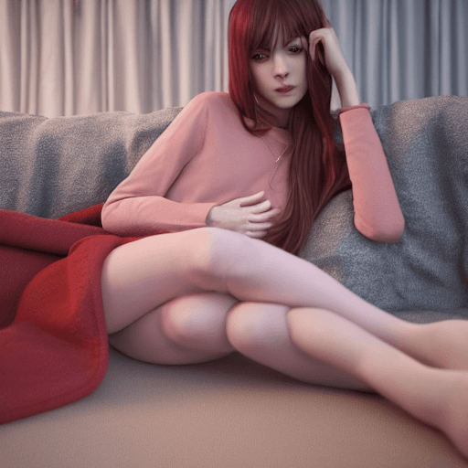 AI generated: 3 d render of a cute thin young woman, red blush, wearing casual clothes, small smile, relaxing on a...
