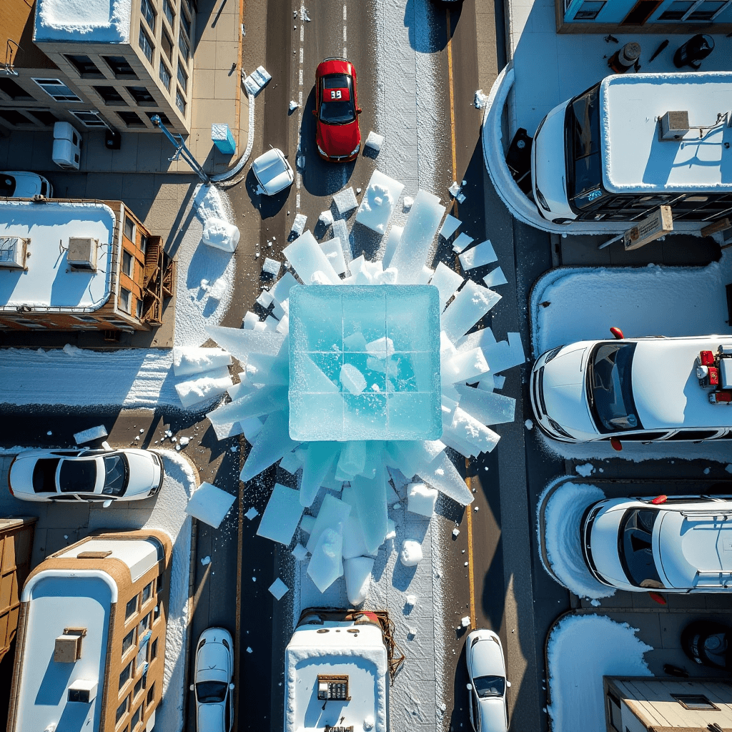 AI generated: Top-down view of a city street during a heatwave. In the middle of the road, a single, massive ice c...