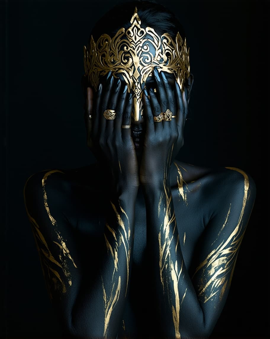 AI generated: A person with black body paint and golden details and headpiece covers their face with their hands.
...