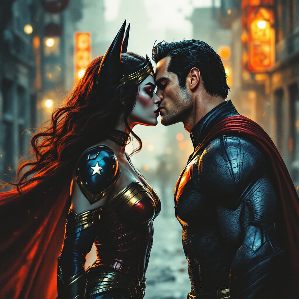 AI generated: batman kiss wonder woman and Harley Quinn kiss SUPERMAN