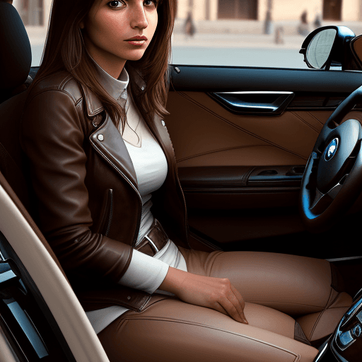 AI generated: Brown and white street photography of an attractive woman in leather jacket, sitting inside BMW car,...