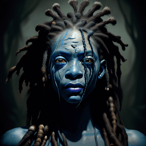 AI generated: bullfrog chin, voodoo, long moldy dreadlocks, winking, blue veins, wide head, waste high, dark swamp...