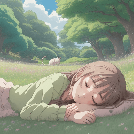 AI generated: Create a detailed anime illustration of a girl lying in the middle of a green meadow with her arms u...