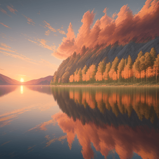 AI generated: Magnificent view of the sunset over a tranquil lake, warm colors. Ultra HD, realistic, vivid colors,...