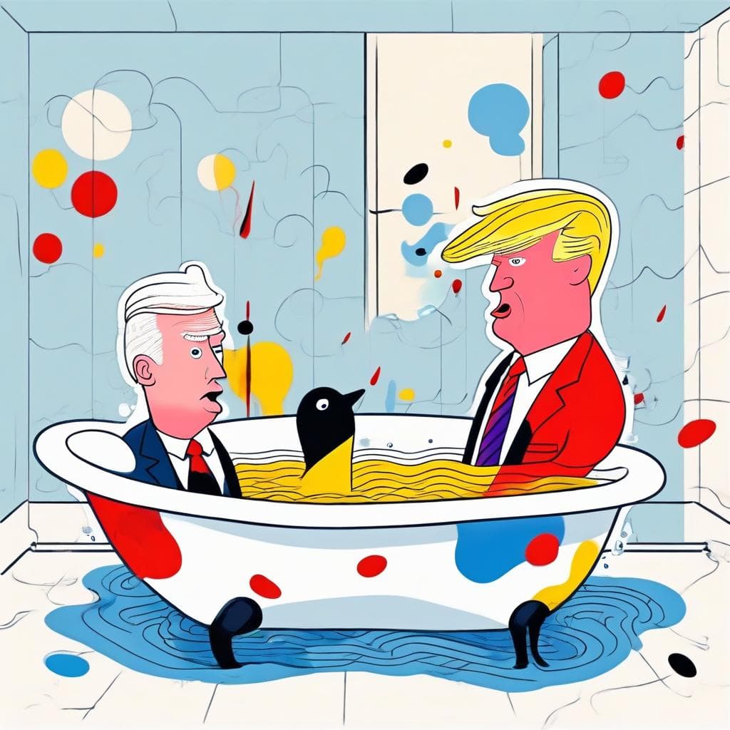 AI generated: Donald Trump and Joe Biden facing each other in a bathtub, surreal drawing, flat shading, cartoon st...