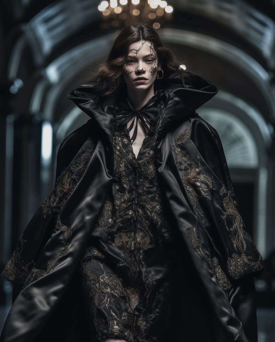 AI generated: a woman walking down a runway wearing a black coat, a photo, by Emma Andijewska, baroque, clippings ...