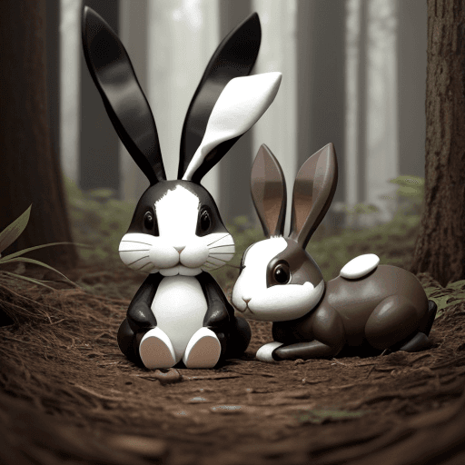 AI generated: A loop ear black and white bunny laying next to a brown bunny in the forest 