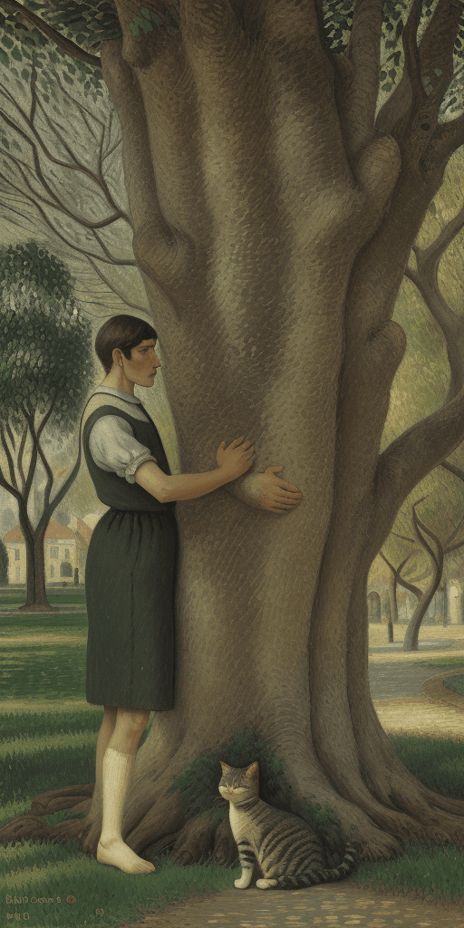 AI generated: Pissarro stands near a tree and looks at the cat sitting near his feet, side view, realism, 8K, deta...