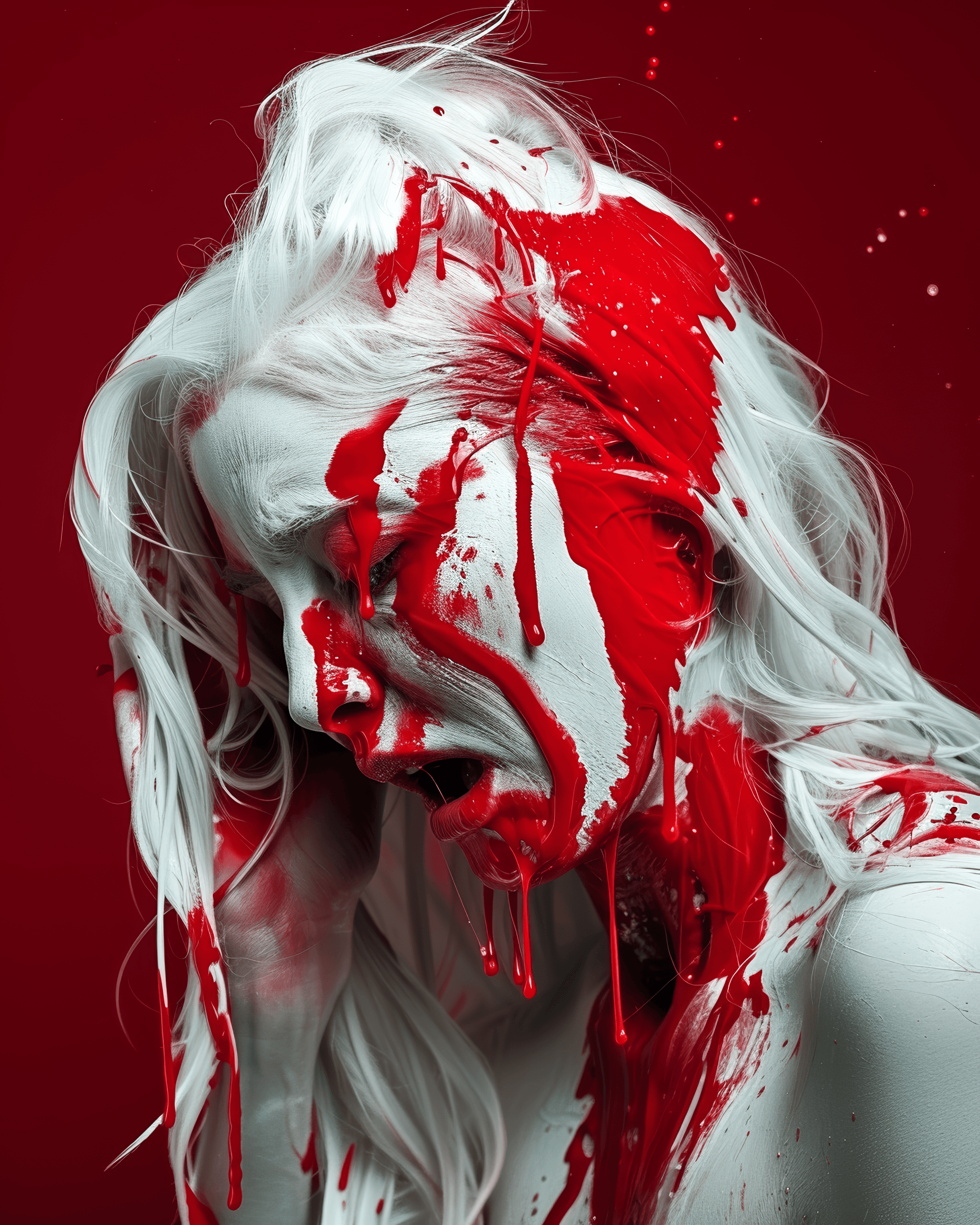 AI generated: A pale woman with white hair and her skin is melting, red liquid splattered on face, dripping down b...
