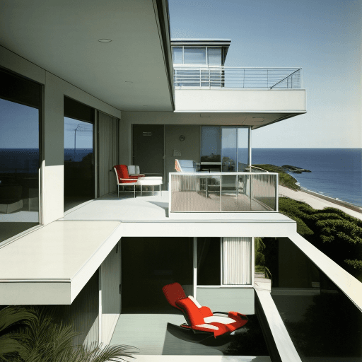 AI generated: Hyper realistic eye level exterior photo of a mid century modern style house overlooking the ocean, ...
