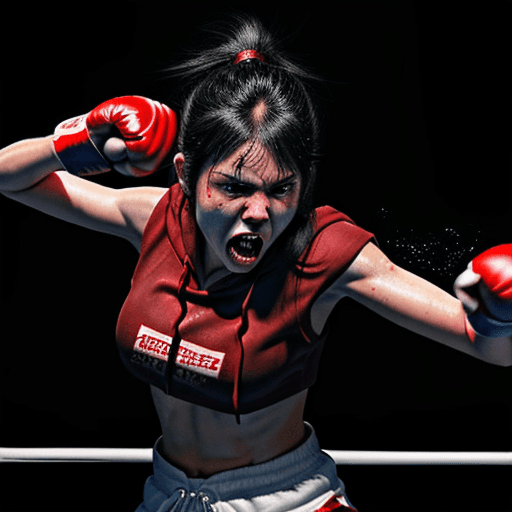 AI generated: A stunning shy fearcefull boxer woman, screaming, agressive, exausted, intense shadow boxing, sweat,...