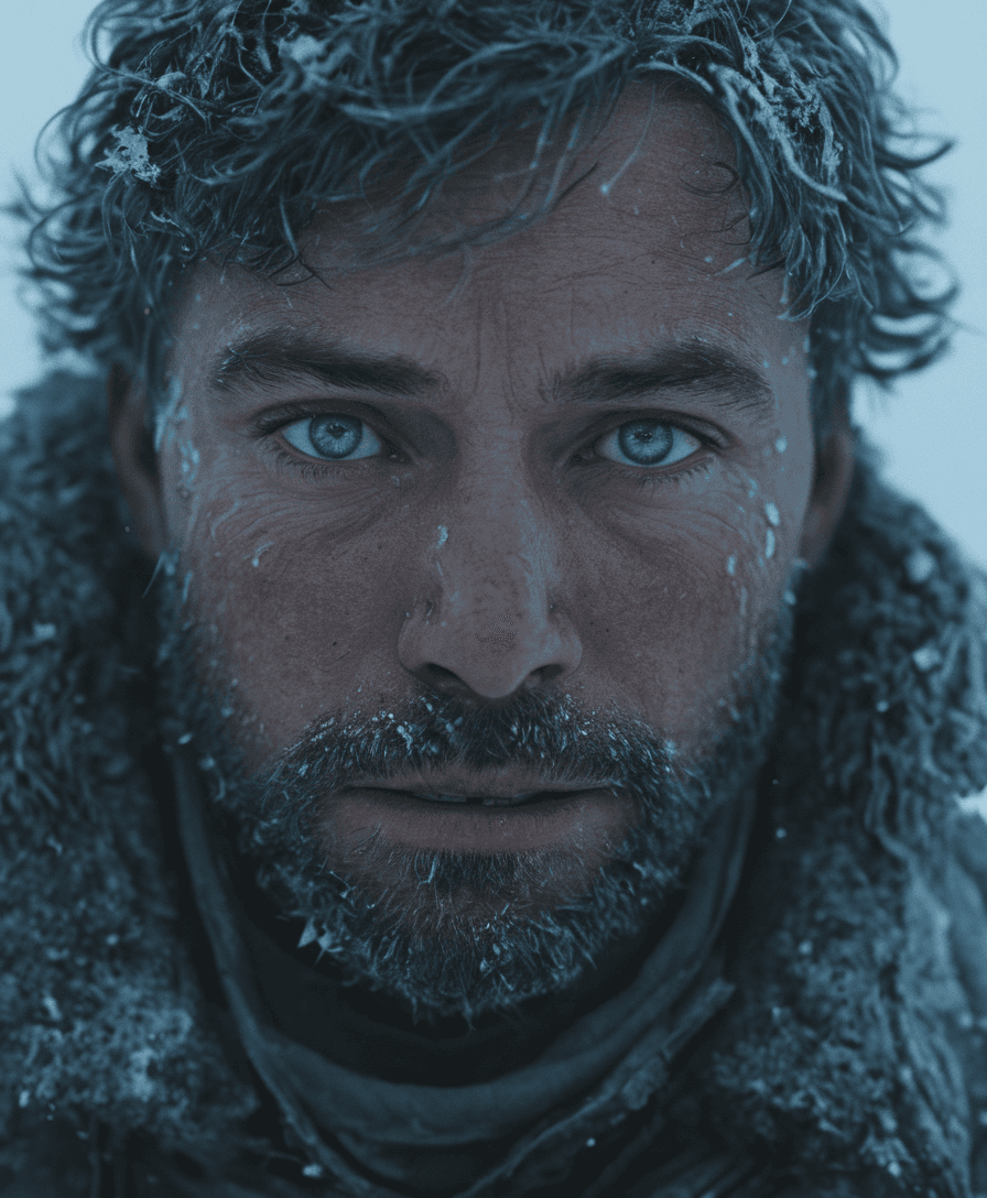 AI generated: hyperrealistic art { a man who is lost in the Arctic after surviving a plane crash, building a fire ...