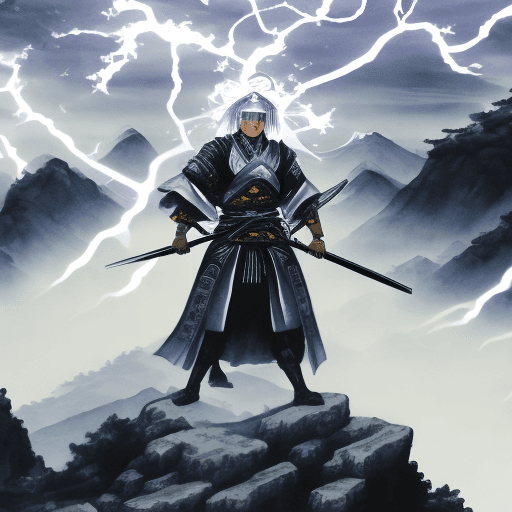 AI generated:  A regal Raiden Shogun wallpaper inspired by Genshin Impact, featuring her in stoic meditation atop ...