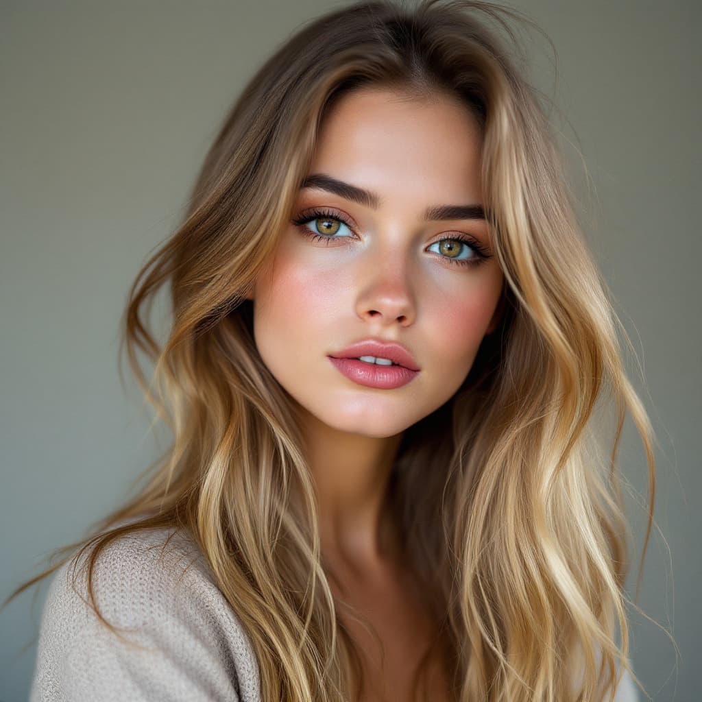 AI generated: portrait of hot 21 years old Sweden girl, with blonde brunette hair and brown hazel eyes, she has so...