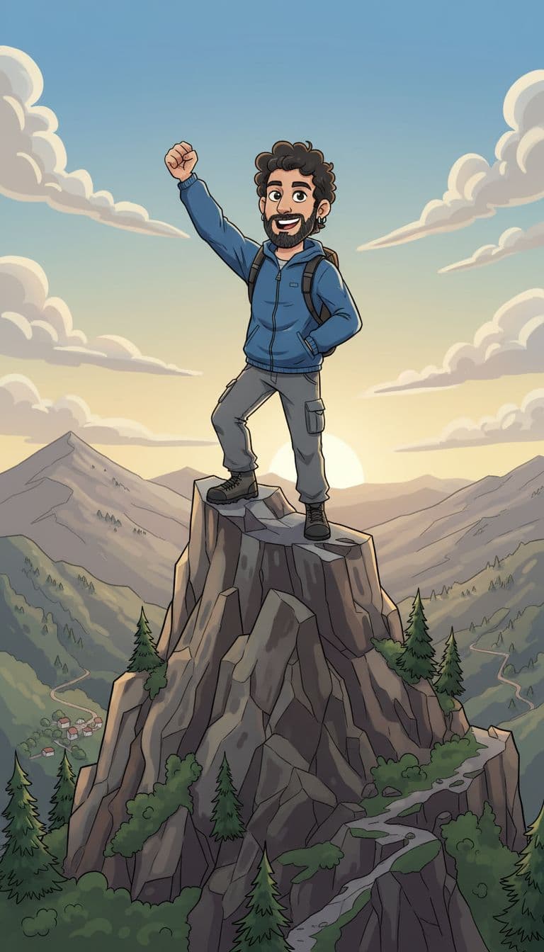 AI generated: Dame una imagen con en semi-realistic cartoon style. Dame un choco en una montaña