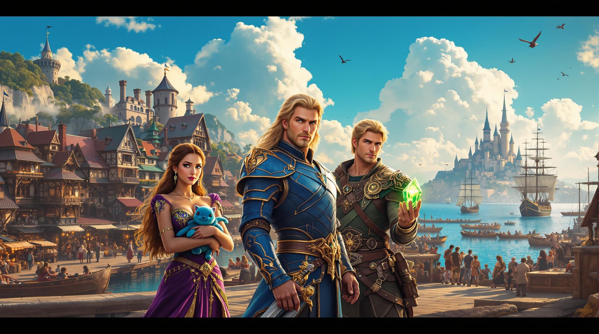 AI generated: a breathtaking scene from a fantasy film, with three characters standing prominently in the foregrou...