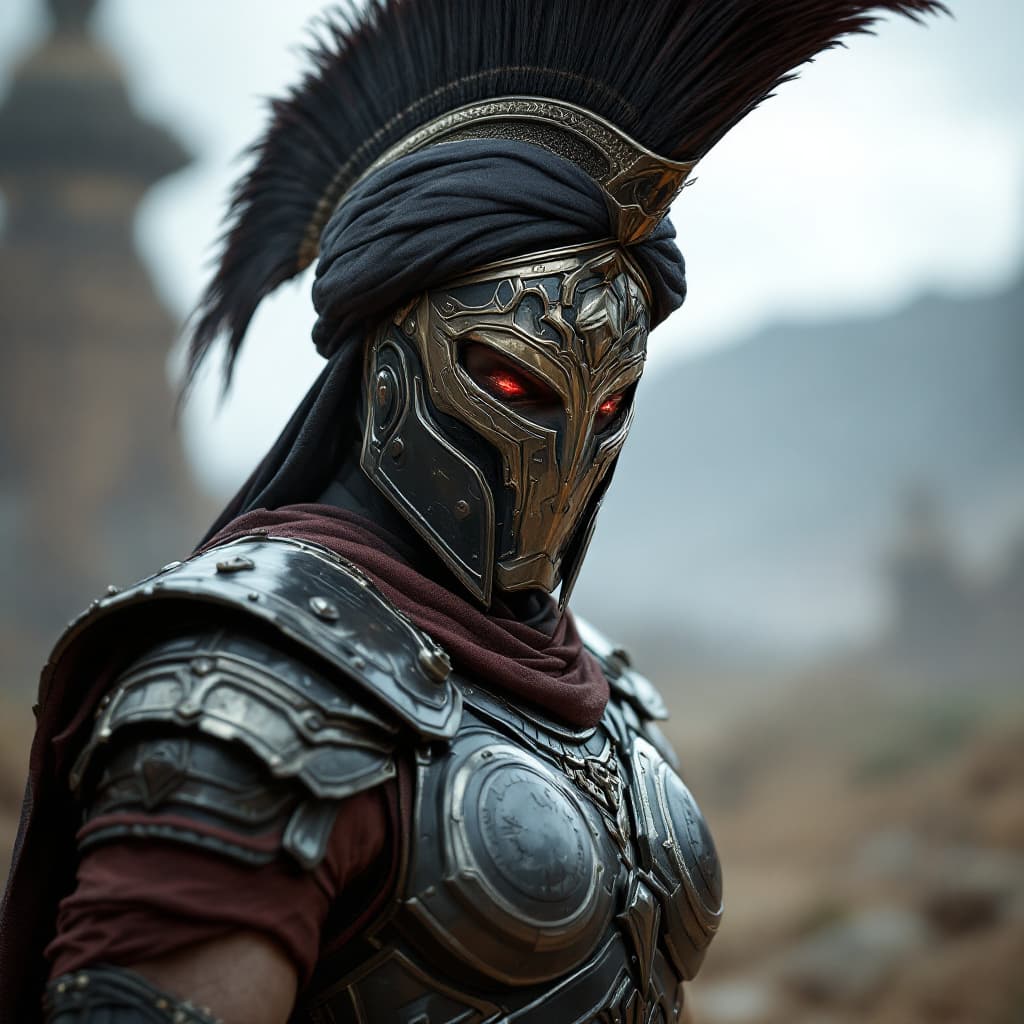 AI generated: Male Legionary warrior in a Futurist battleground, wearing a full battle face mask, helm, and turban...