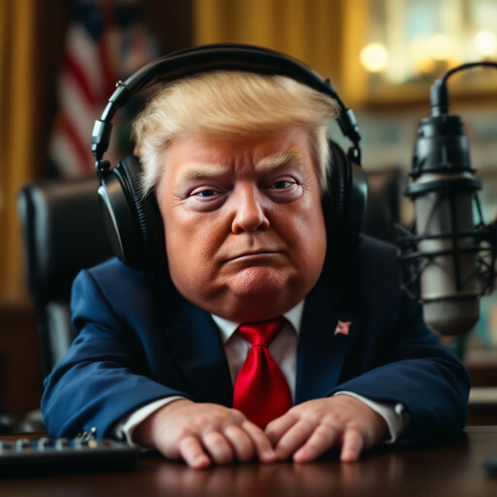 AI generated: American  baby that resembles President trump in a bue suit and red tie in a podcast studio wearing ...