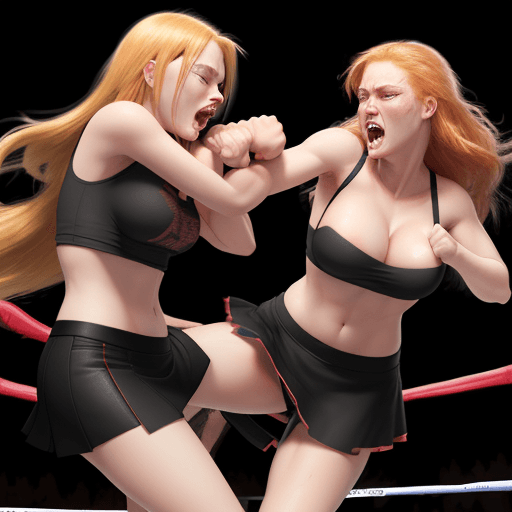 AI generated: Hyper realistic, two hot young women fighting. Blonde girl, hair pulling ginger girl. Hit pussy with...