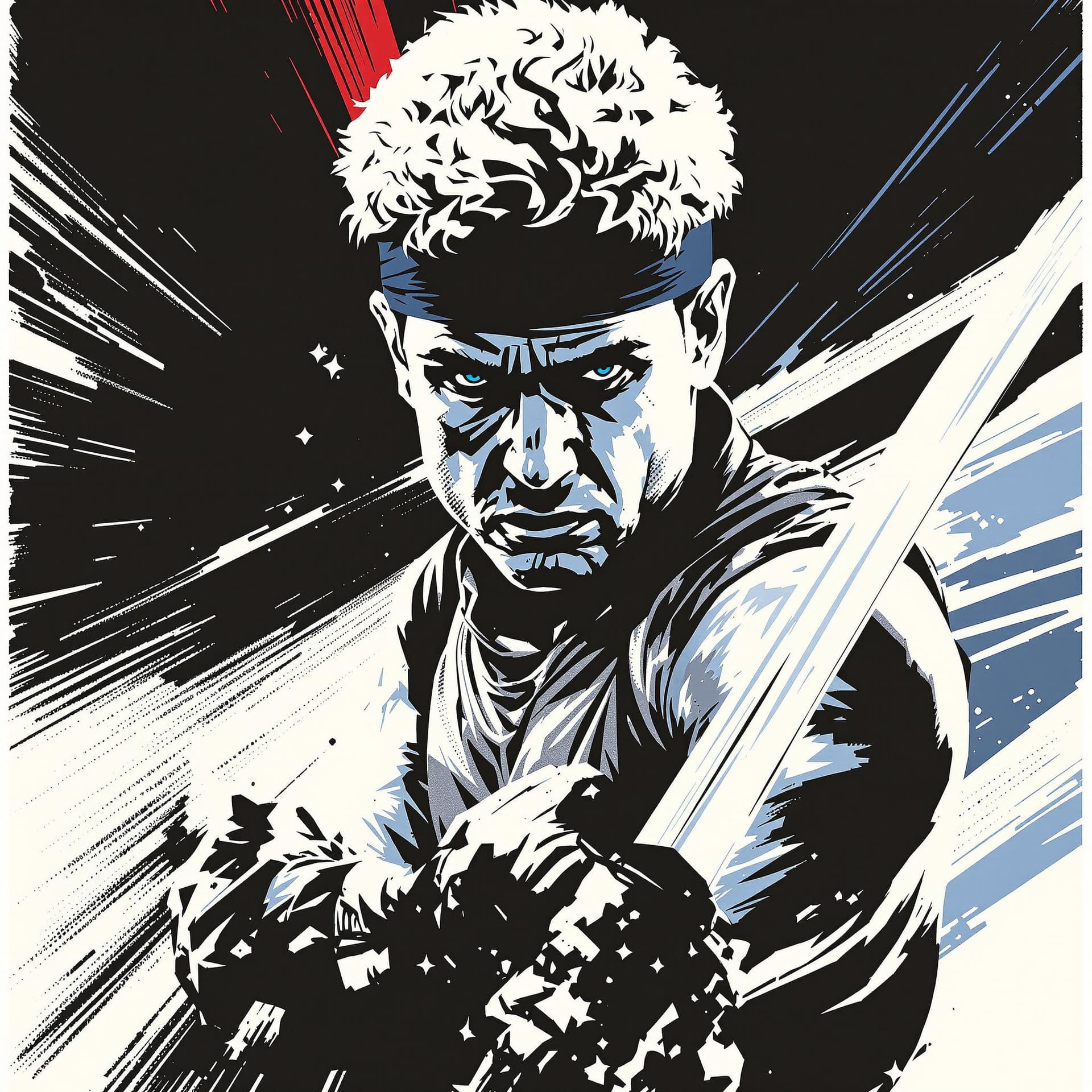 AI generated: Create a stylized, iconic portrait of Michael Dudikoff from American Ninja. The artwork should be in...