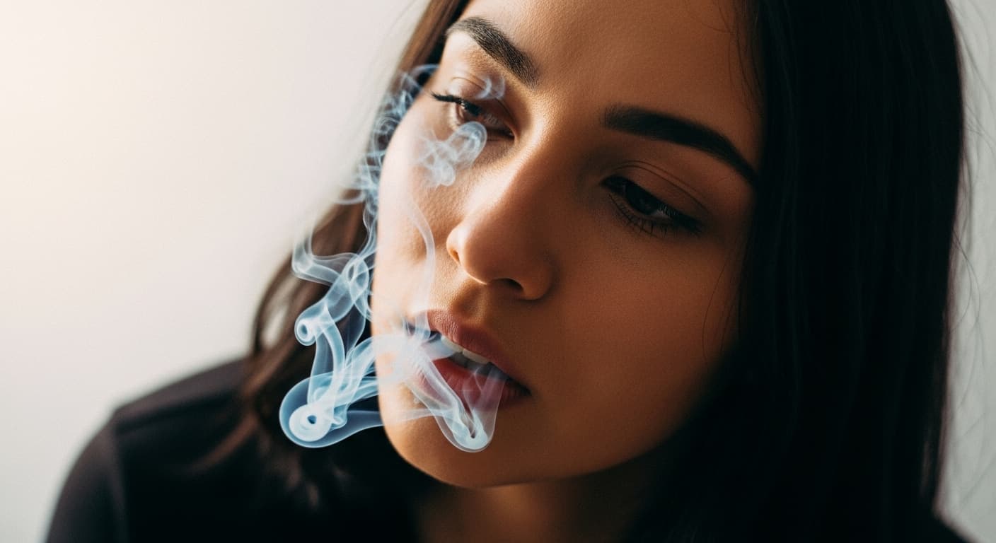 AI generated: close-up of a young man with pale blue smoke curling from her lips against a stark white background,...