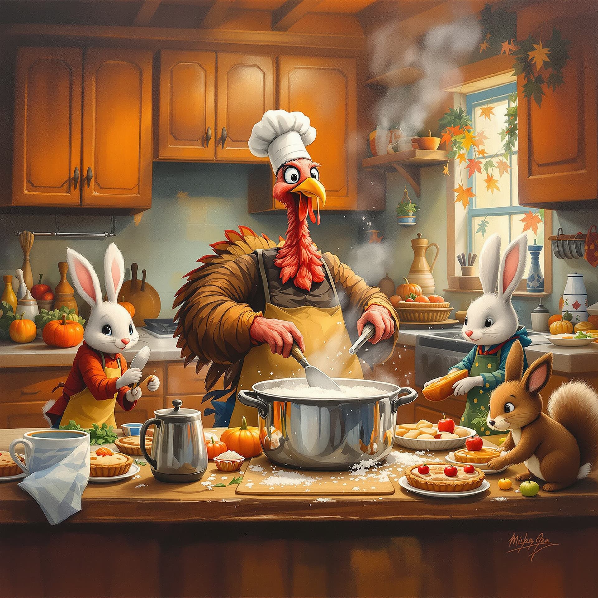AI generated: A vibrant acrylic oil painting depicting a whimsical scene in a cozy kitchen, where an animated turk...