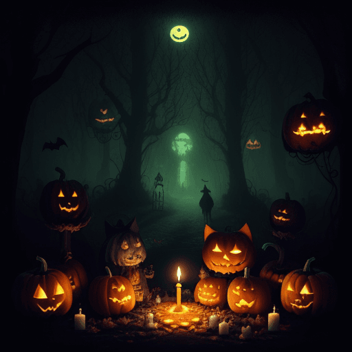 AI generated: Weird, horror,Pumpkin man, jack-o-lantern, night scene, mysterious, psychedelic, candle, sacrifice, ...