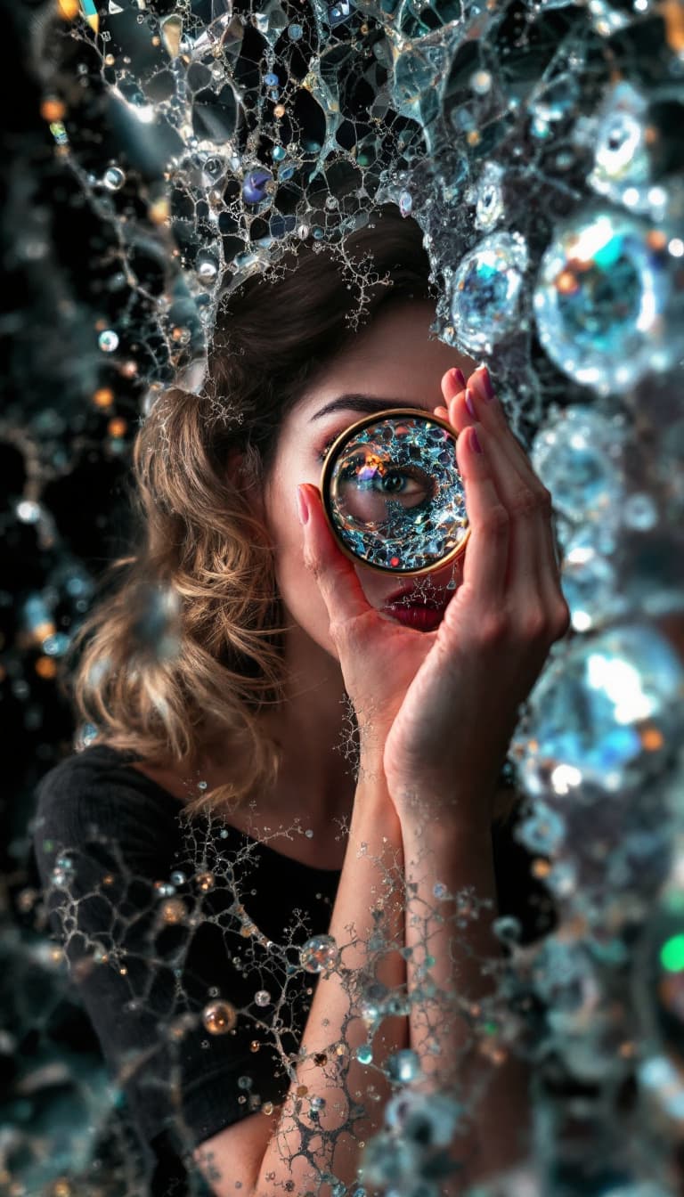 AI generated: Fractal Art, Iterative Patterns, Infinite Detail, Mathematical, Woman Holding a Lense Refracting, In...
