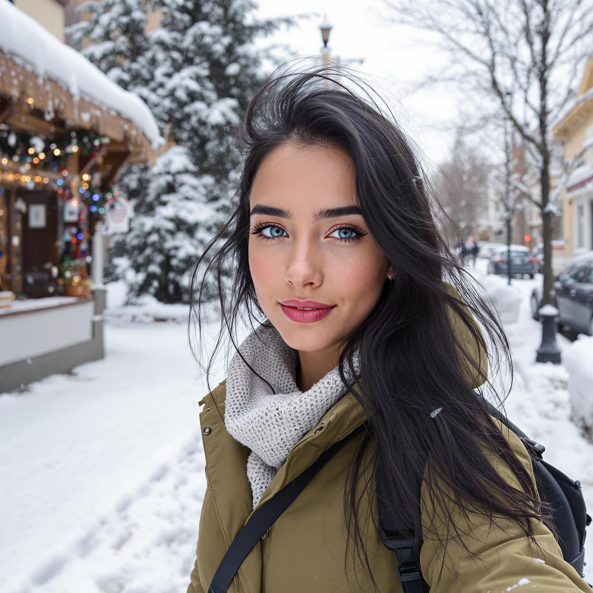 AI generated: 18-year-old woman, black hair, light blue eyes, tanned white skin, thin body and light makeup. She's...