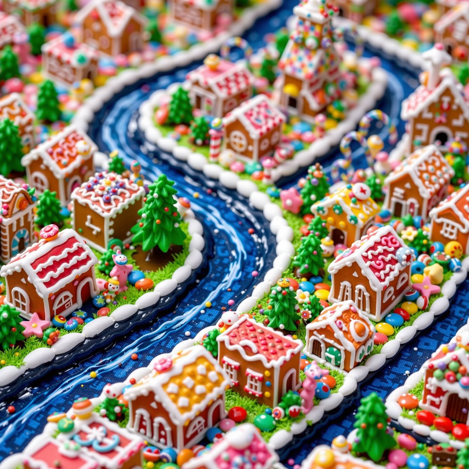 AI generated: A city made entirely of candy and sweets, with gingerbread houses and chocolate rivers, in the style...