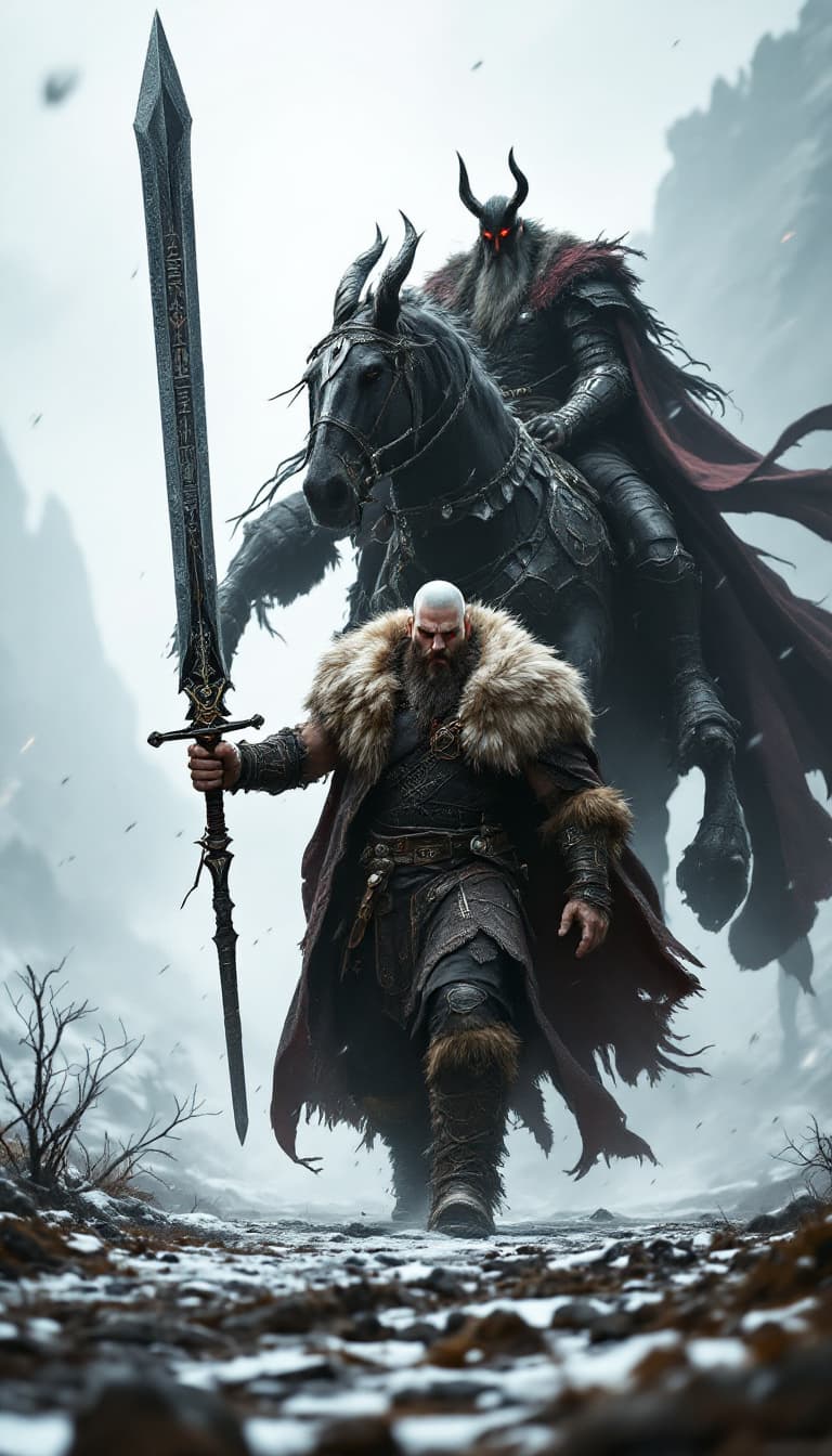 AI generated: An ultra-realistic, zoomed out, front facing full-body portrait of a towering Berserker, his fur-lin...