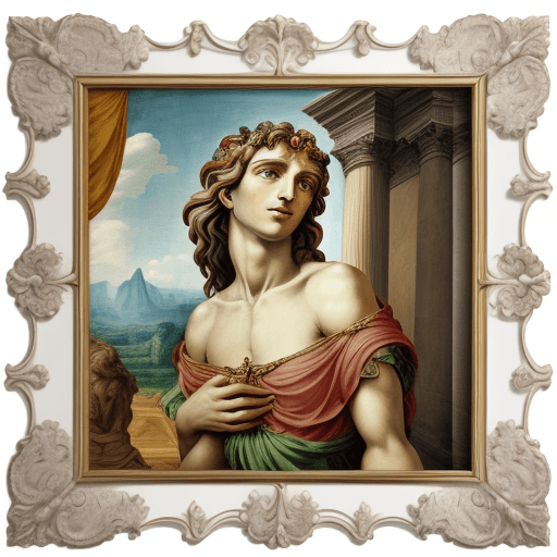 AI generated: A bohemian style wall, closeup, a frame of adam creation from micheal angelo hanging on the wall