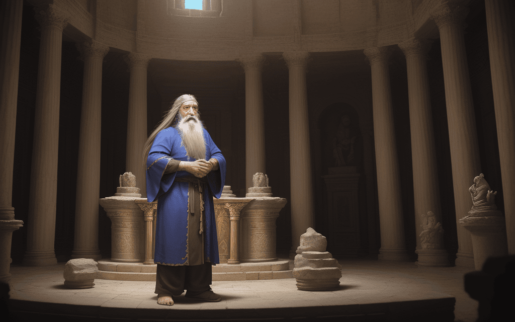 AI generated: High resolution cinematic photography of an old wise man with long hair, beard and blue eyes wearing...