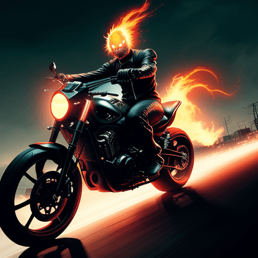 AI generated: anime like ghost rider riding a big black motorcycle, cover art, Funny, Vibrant, Energy, dramatic li...