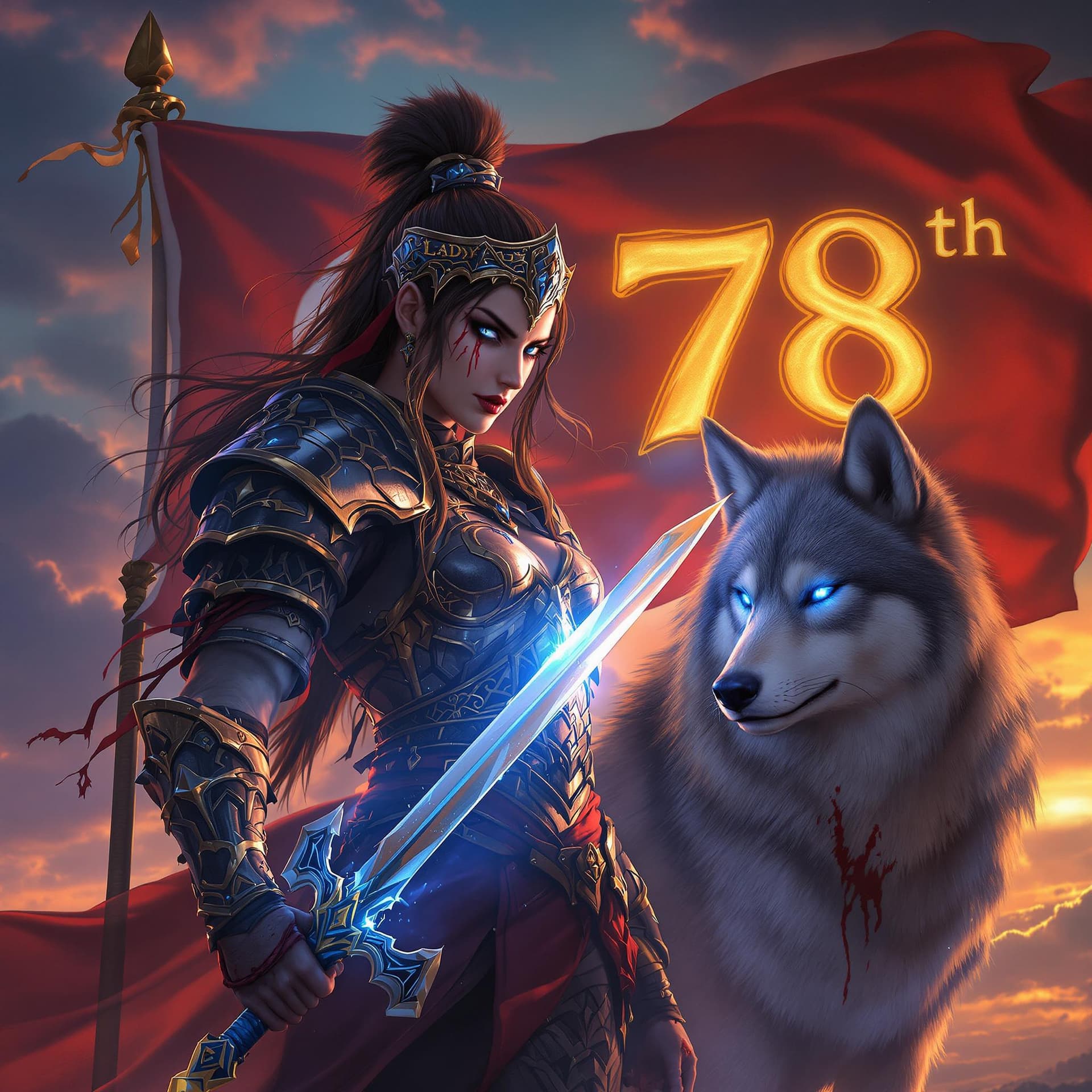 AI generated: A fierce lady warrior clad in traditional armor inspired by ancient Turkish mythology, holding a swo...