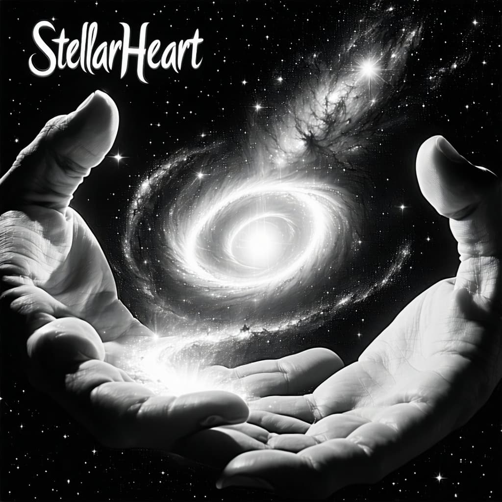 AI generated: Two giant hands in space holding a glowing spiral galaxy, light spilling between fingers, stars and ...